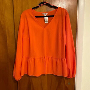 Nine West Med Pink Peplum V-Neck Long Sleeve Top, Women Size Large